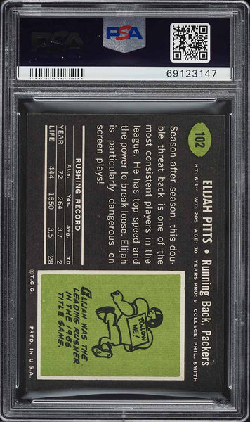 1969 Topps FB Card #102 Elijah Pitts Green Bay Packers HOF PSA 7 NRMT (MGD2)