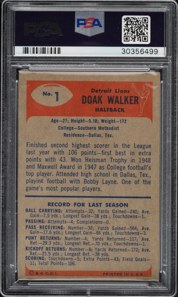 1955 Bowman FB Card # 1 Doak Walker Detroit Lions HOF PSA 6 EXMT (MGD2)