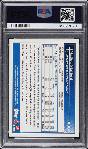 2009 Topps FB Card #430 Matthew Stafford Detroit Lions ROOKIE RC PSA 10 GEM MINT (MGD2)