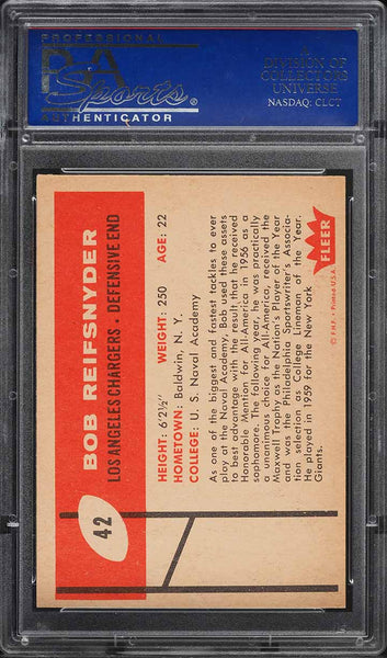 1960 Fleer FB Card # 42 Bob Reifsnyder Los Angeles Chargers HOF ROOKIE RC PSA 8 (MGD2)