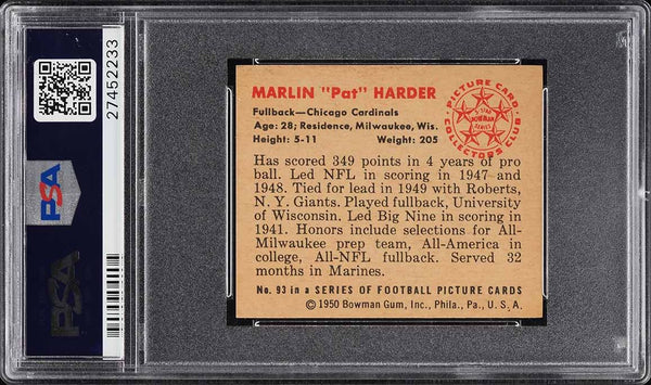 1950 Bowman FB Card # 93 Pat Harder Chicago Cardinals HOF PSA 8 NM-MT (MGD2)