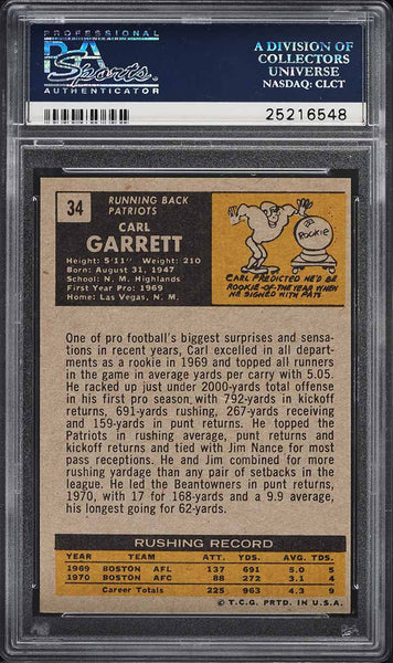 1971 Topps FB Card # 34 Carl Garrett New England Patriots ROOKIE RC PSA 7 NRMT (MGD2)