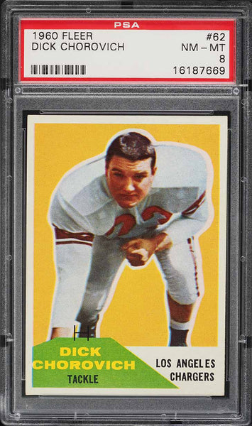 1960 Fleer FB Card # 62 Dick Chorovich Los Angeles Chargers ROOKIE RC PSA 8 (MGD2)