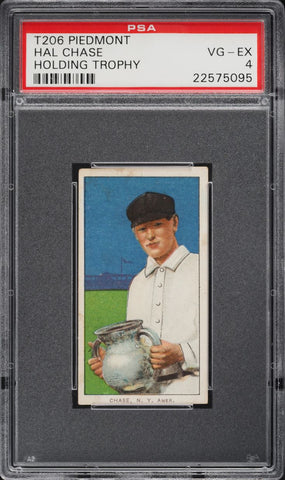 1909-11 T206 Hal Chase New York, HOLDING TROPHY, PIEDMONT 350-460/25 PSA 4 VGEX (MGD2)