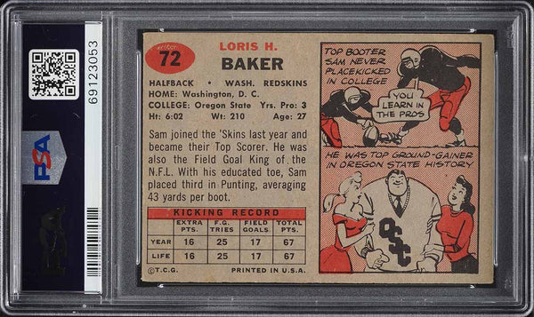 1957 Topps FB Card # 72 Sam Baker Washington Redskins ROOKIE RC PSA 5 EX (MGD2)