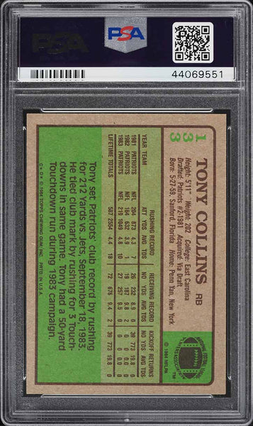 1984 Topps FB Card #133 Tony Collins New England Patriots PSA 9 MINT (MGD2)