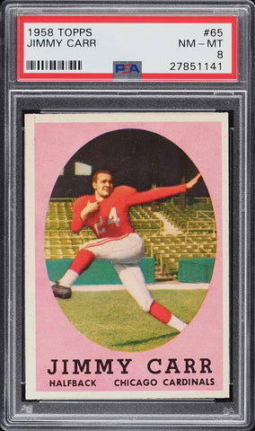 1958 Topps FB Card # 65 Jimmy Carr Chicago Cardinals ROOKIE RC PSA 8 NM-MT (MGD2)