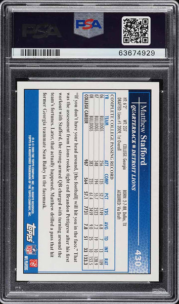 2009 Topps FB Card #430 Matthew Stafford Detroit Lions ROOKIE RC PSA 10 GEM MINT (MGD2)