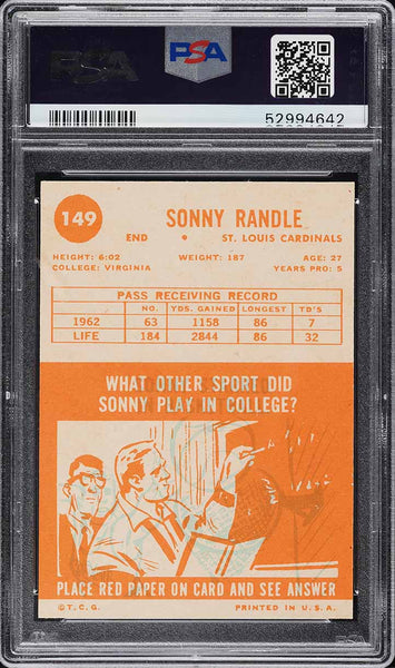 1963 Topps FB Card #149 Sonny Randle St. Louis Cardinals PSA 8 NM-MT (MGD2)