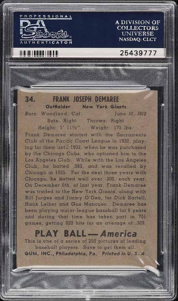 1939 Play Ball BB Card # 34 Frank Demaree PCL HOF PSA 7 NRMT (MGD2)