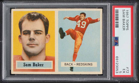 1957 Topps FB Card # 72 Sam Baker Washington Redskins ROOKIE RC PSA 5 EX (MGD2)