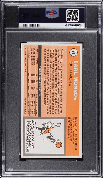 1970 Topps BkB Card # 20 Earl Monroe Baltimore Bullets HOF PSA 8 NM-MT (MGD2)