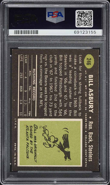 1969 Topps FB Card #246 Bill Asbury Pittsburgh Steelers PSA 5 EX (MGD2)