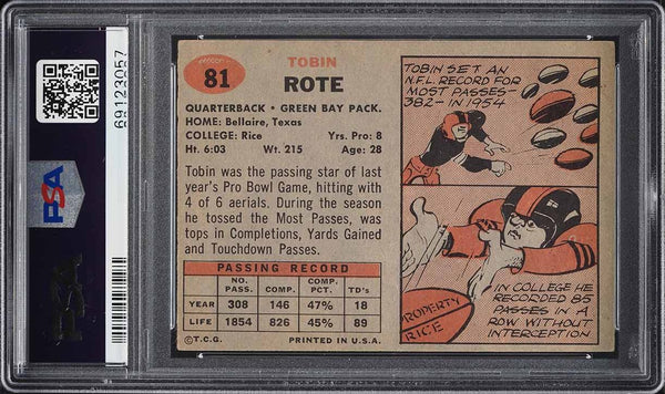 1957 Topps FB Card # 81 Tobin Rote Green Bay Packers HOF PSA 5 EX (MGD2)