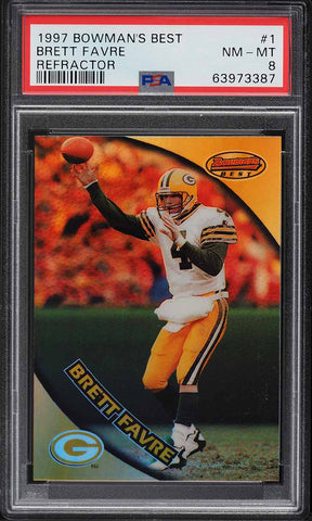 1997 Bowman's Best FB Card # 1 Brett Favre Refractor HOF PSA 8 NM-MT (MGD2)