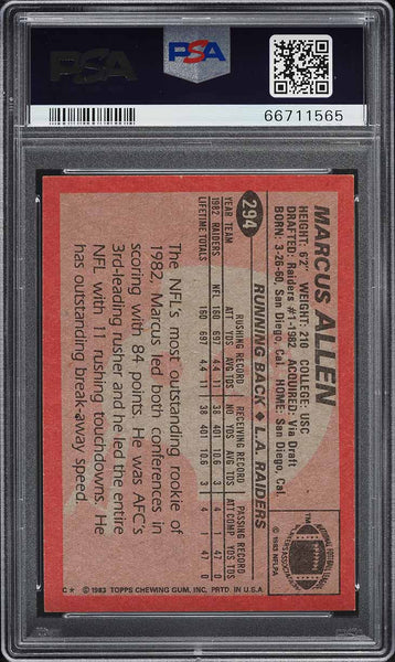 1983 Topps FB Card #294 Marcus Allen ROOKIE RC, ALL-PRO PSA 8 NM-MT (MGD2)