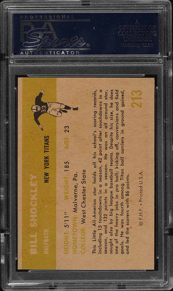 1961 Fleer FB Card #213 Bill Shockley New York Titans ROOKIE RC PSA 8 NM-MT (MGD2)