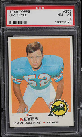 1969 Topps FB Card #253 Jim Keyes Miami Dolphins ROOKIE RC PSA 8 NM-MT (MGD2)