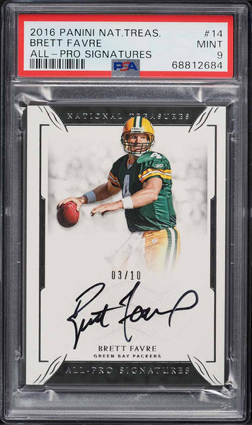 2016 National Treasures FB Card # 14 Brett Favre HOF ALL-PRO AUTO /10 PSA 9 MINT (MGD2)