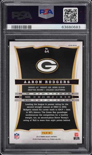 2013 Panini Select FB Card # 64 Aaron Rodgers SILVER PRIZMS PSA 10 GEM MINT (MGD3)