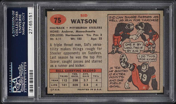 1957 Topps FB Card # 75 Sid Watson Pittsburgh Steelers HOF ROOKIE RC PSA 8 NM-MT (MGD2)