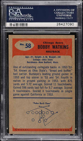 1955 Bowman FB Card # 58 Bobby Watkins Chicago Bears ROOKIE RC PSA 8 NM-MT (MGD2)