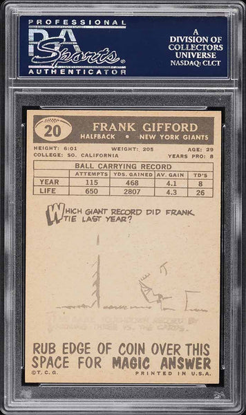 1959 Topps FB Card # 20 Frank Gifford HOF PSA 8 NM-MT (MGD2)