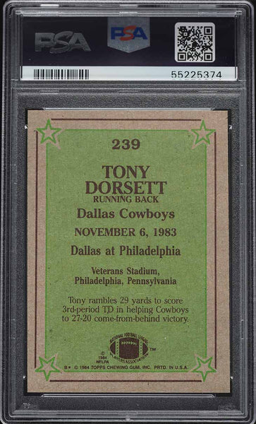 1984 Topps FB Card #239 Tony Dorsett Dallas Cowboys INSTANT REPLAY PSA 8 NM-MT (MGD2)