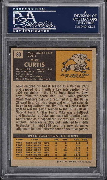 1971 Topps FB Card # 80 Mike Curtis Baltimore Colts PSA 8 NM-MT (MGD2)