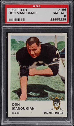 1961 Fleer FB Card #196 Don Manoukian Oakland Raiders ROOKIE RC SP PSA 8 NM-MT (MGD2)