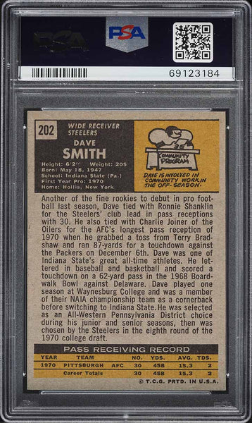 1971 Topps FB Card #202 Dave Smith Pittsburgh Steelers ROOKIE RC PSA 7 NRMT (MGD2)