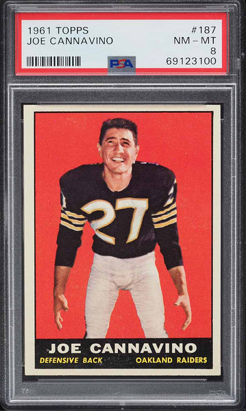 1961 Topps FB Card #187 Joe Cannavino Oakland Raiders ROOKIE RC PSA 8 NM-MT (MGD2)