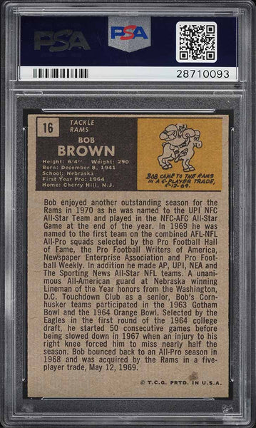 1971 Topps FB Card # 16 Bob Brown Los Angeles Rams HOF PSA 8 NM-MT (MGD2)