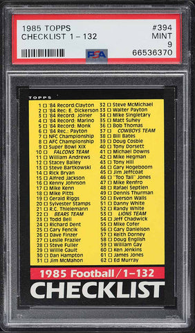 1985 Topps FB Card #394 NFL Football CHECKLIST 1-132 #394 PSA 9 MINT (MGD2)