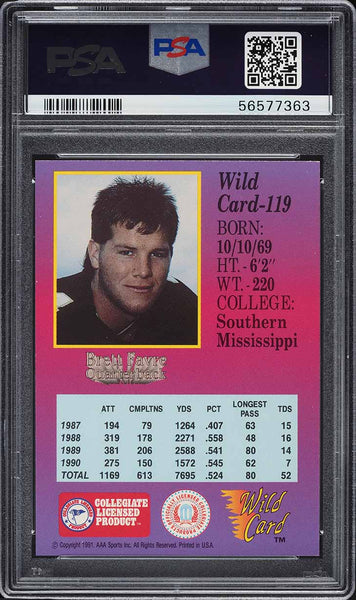 1991 Wild Card FB #119 Brett Favre College Draft Picks HOF ROOKIE RC PSA 8 NM-MT (MGD2)