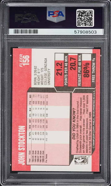 1989 Fleer BkB Card #156 John Stockton HOF PSA 9 MINT (MGD2)