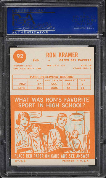 1963 Topps FB Card # 92 Ron Kramer Green Bay Packers HOF PSA 8 NM-MT (MGD2)