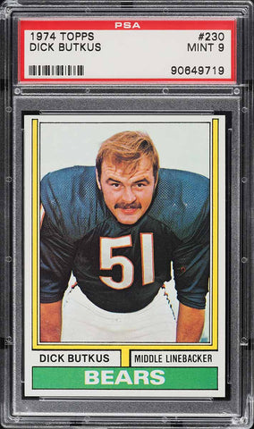 1974 Topps FB Card #230 Dick Butkus Chicago Bears HOF PSA 9 MINT (MGD2)