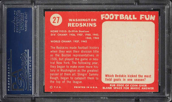 1958 Topps FB Card # 27 Washington Redskins TEAM CARD PSA 7 NRMT (MGD2)