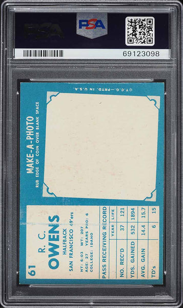 1961 Topps FB Card # 61 R.C. Owens San Francisco 49ers HOF PSA 8(st) NM-MT (MGD2)