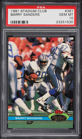 1991 Stadium Club FB Card #361 Barry Sanders Detroit Lions HOF PSA 10 GEM MINT (MGD2)
