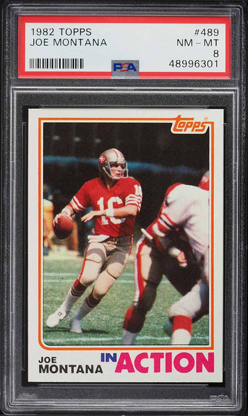 1982 Topps FB Card #489 Joe Montana San Francisco 49er HOF IN ACTION PSA 8 NM-MT (MGD2)