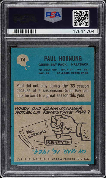 1964 Philadelphia FB Card # 74 Paul Hornung HOF PSA 8 NM-MT (MGD2)