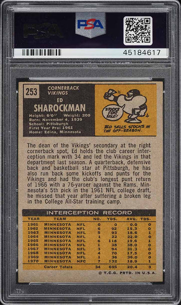 1971 Topps FB Card #253 Ed Sharockman Minnesota Vikings PSA 7 NRMT (MGD2)