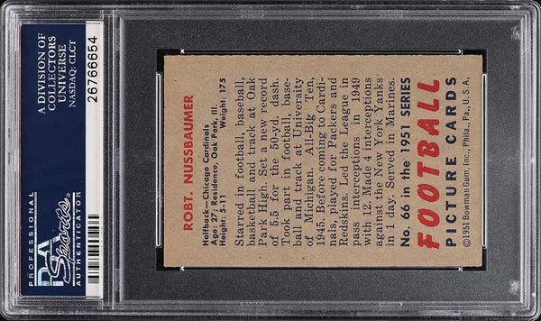 1951 Bowman FB Card # 66 Robert Nussbaumer Chicago Cardinals PSA 8 NM-MT (MGD2)