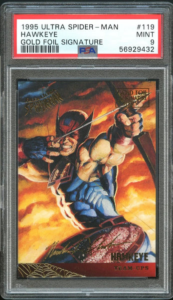 1995 Ultra Spider-Man Card #119 Hawkeye TEAM-UPS GOLD FOIL SIGNATURE PSA MINT 9 (MGD2)