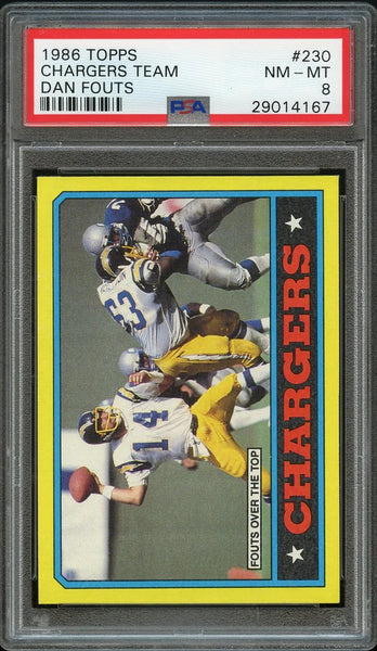 1986 Topps FB Card #230 Chargers Team Dan Fouts HOF PSA NM-MT 8 (MGD2)