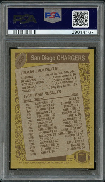 1986 Topps FB Card #230 Chargers Team Dan Fouts HOF PSA NM-MT 8 (MGD2)