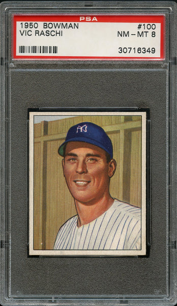 1950 Bowman BB Card #100 Vic Raschi New York Yankees PSA NM-MT 8 (MGD2)