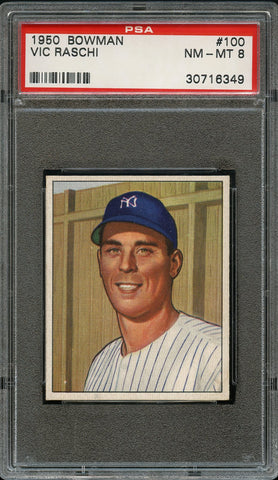 1950 Bowman BB Card #100 Vic Raschi New York Yankees PSA NM-MT 8 (MGD2)